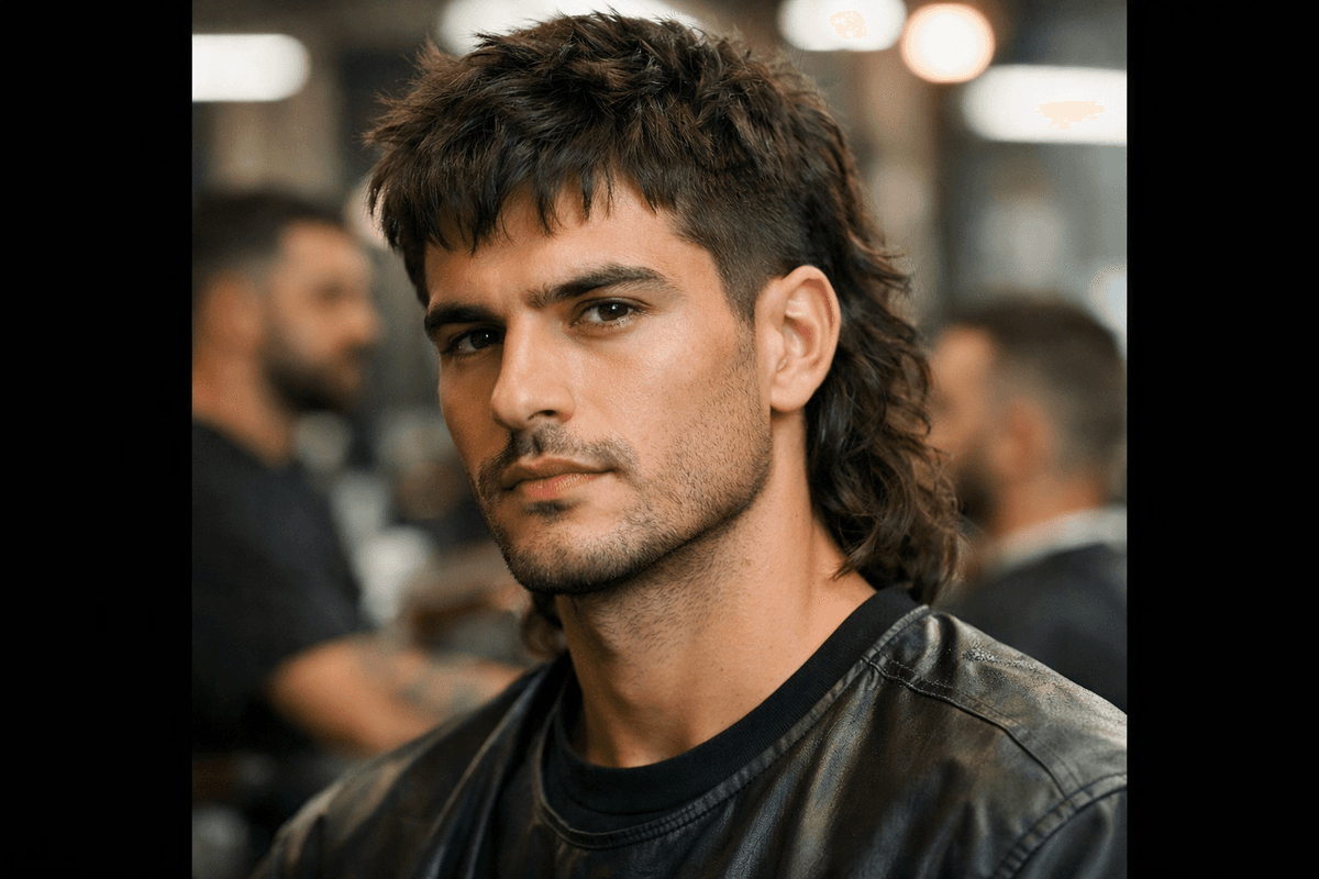 Corte mullet moderno em homem com rosto quadrado e cabelos ondulados compridos atrás