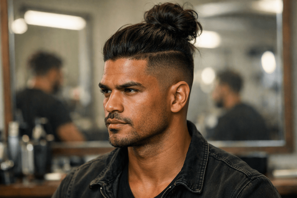 Corte samurai com coque alto e laterais em undercut em homem com rosto quadrado