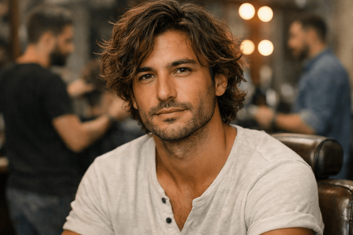 Corte surfista com cabelos médios ondulados em homem com rosto oval e visual despojado