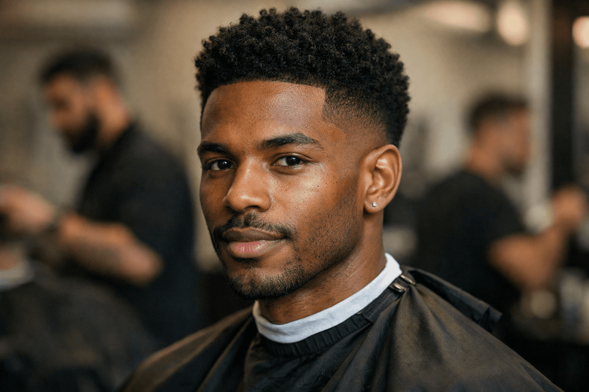 Corte taper fade com transição baixa em homem com rosto diamante e cabelos crespos