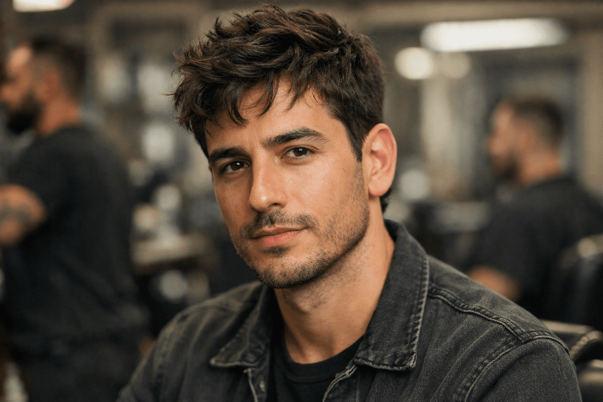 Corte texturizado moderno com movimento natural em homem com rosto retangular