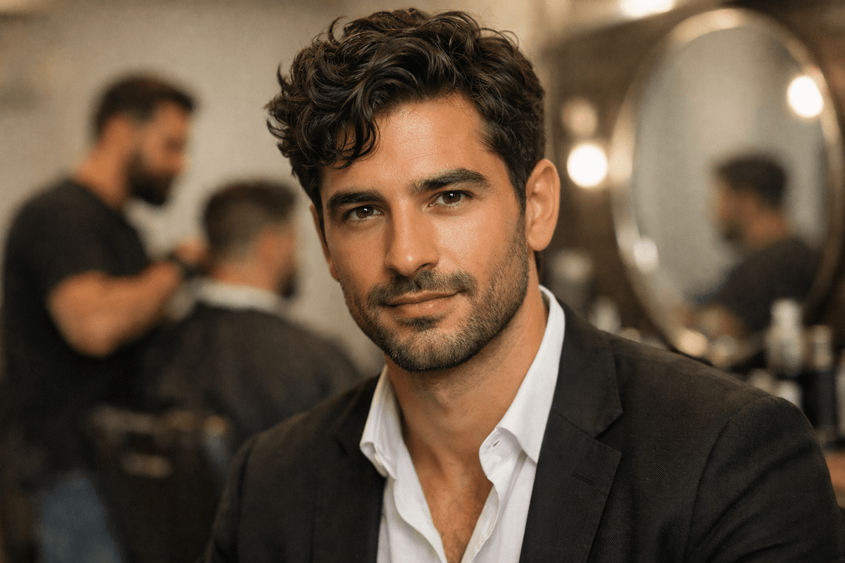 Homem adulto com cabelo ondulado padrão 2B mostrando formação natural da onda