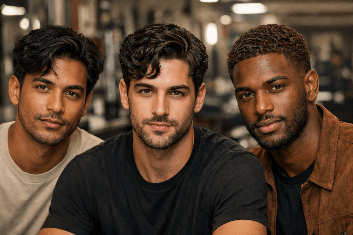 Comparação visual dos padrões de onda 2A, 2B e 2C em cabelo masculino