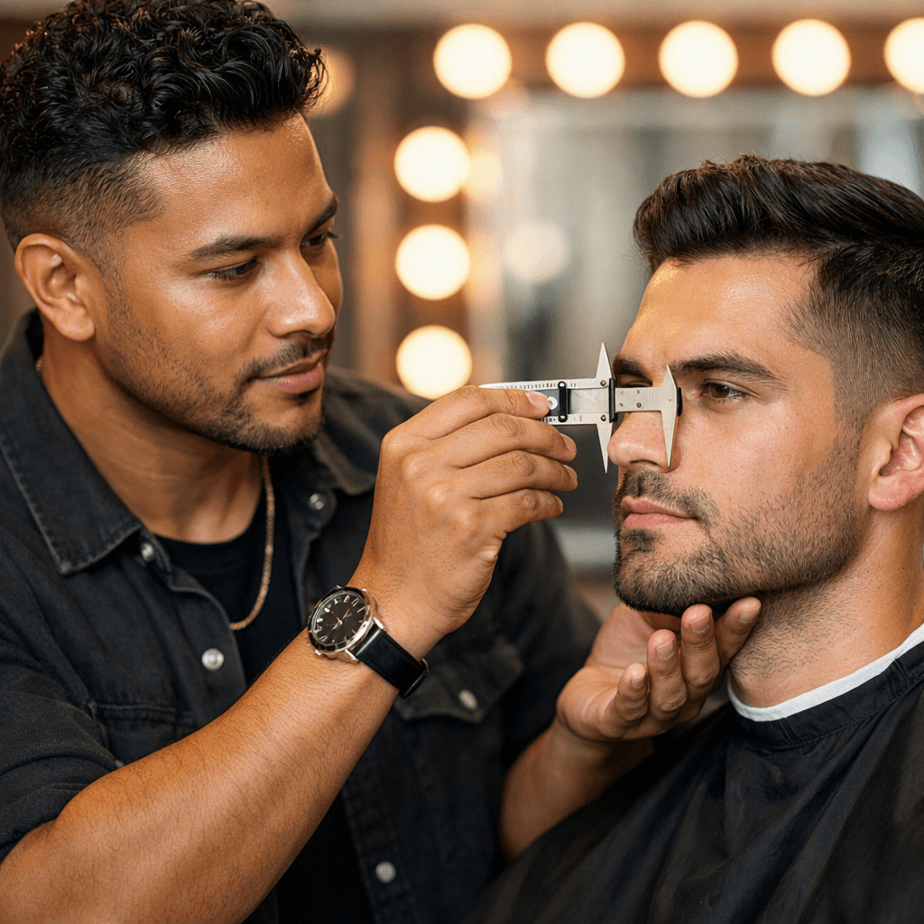 Barbeiro profissional analisando terços faciais de cliente com rosto quadrado em barbearia moderna