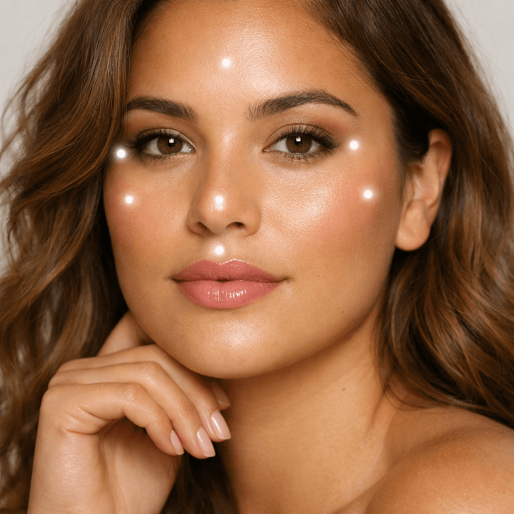 Pontos de luz facial identificados em mulher com rosto redondo e iluminador aplicado