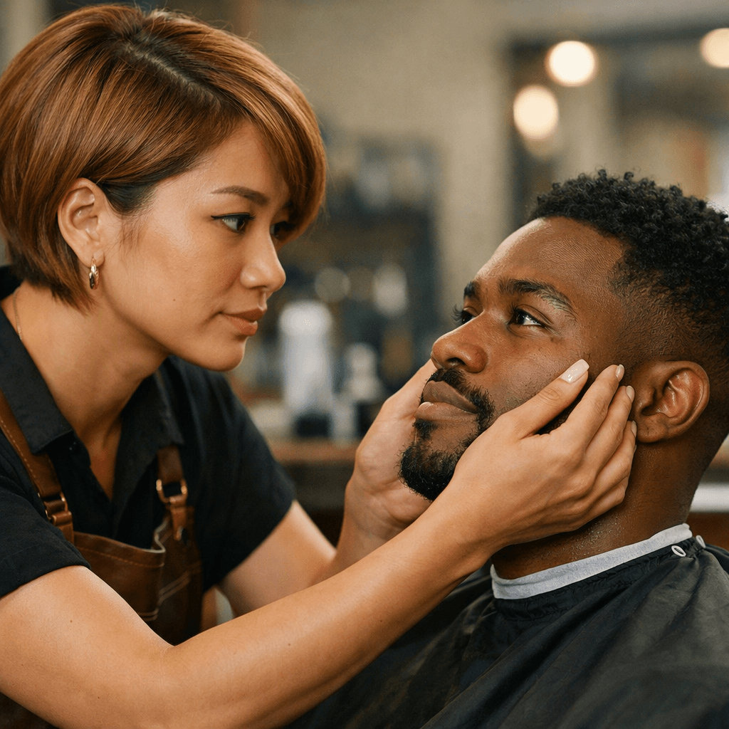 Cabeleireiro avaliando linhas e proporções faciais de cliente antes do corte