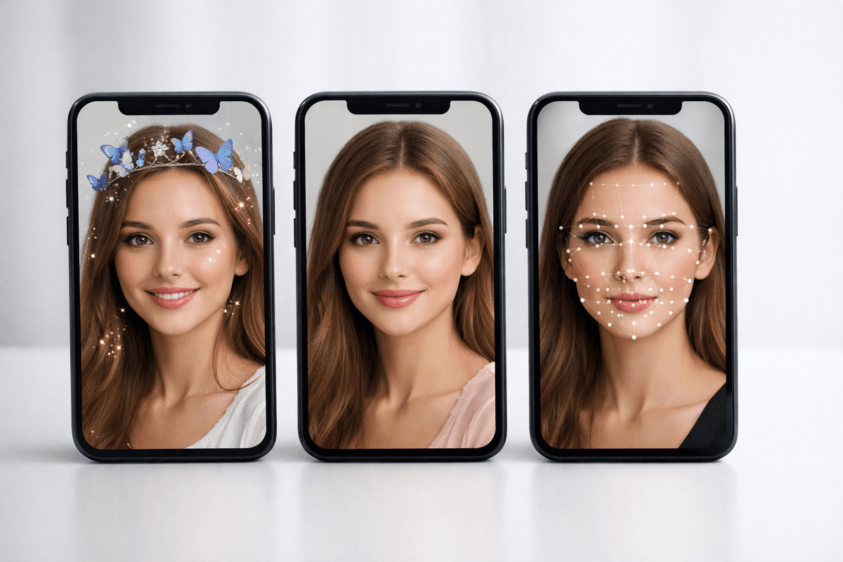 Filtro de realidade aumentada, gerador de IA e análise facial testando o mesmo corte