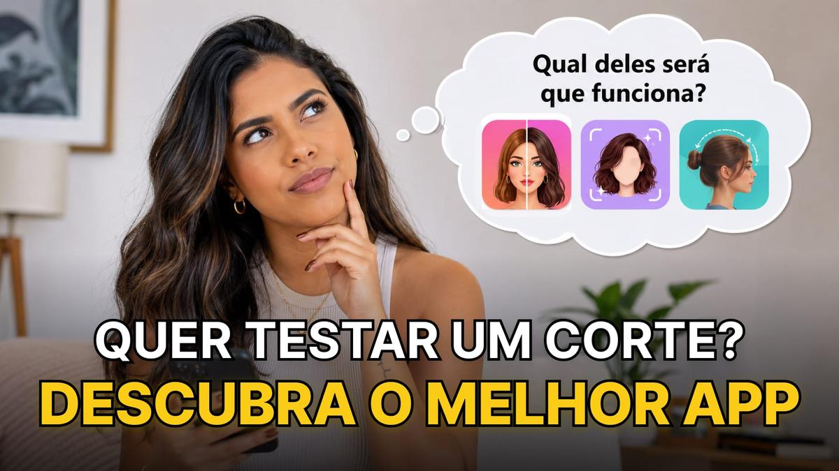 Mulher pensativa com celular. Balão com ícones e texto: Quer testar um corte? Descubra o melhor app.