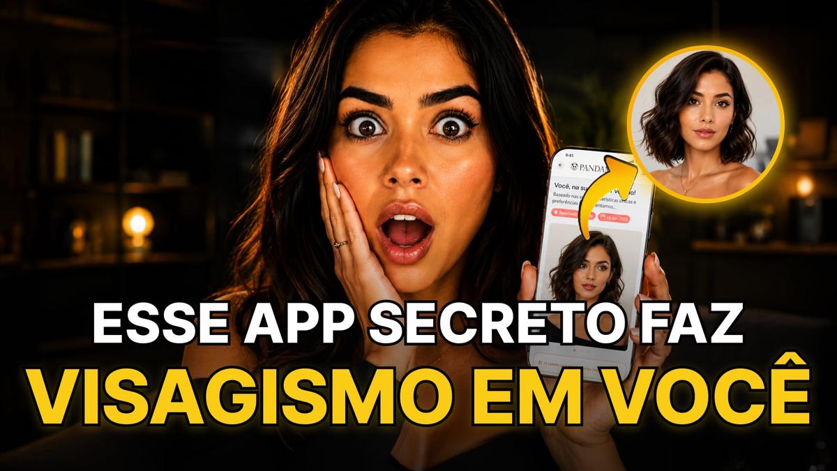 Mulher chocada segura celular com app de visagismo gratuito. Texto: Esse app secreto faz visagismo em você.