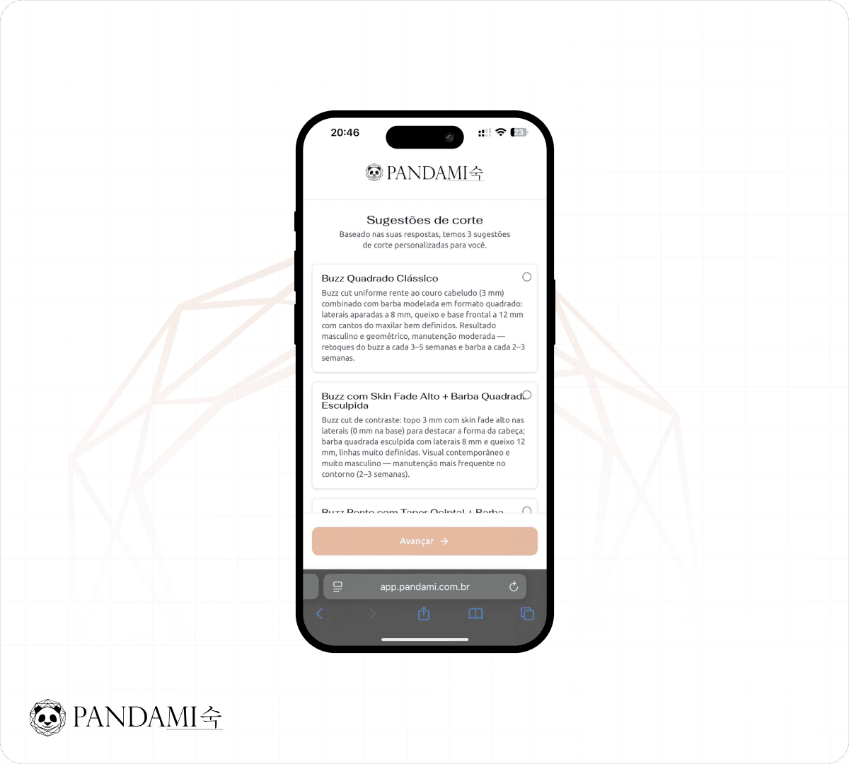 Interface de tipos de corte do simulador de cortes com IA da Pandami