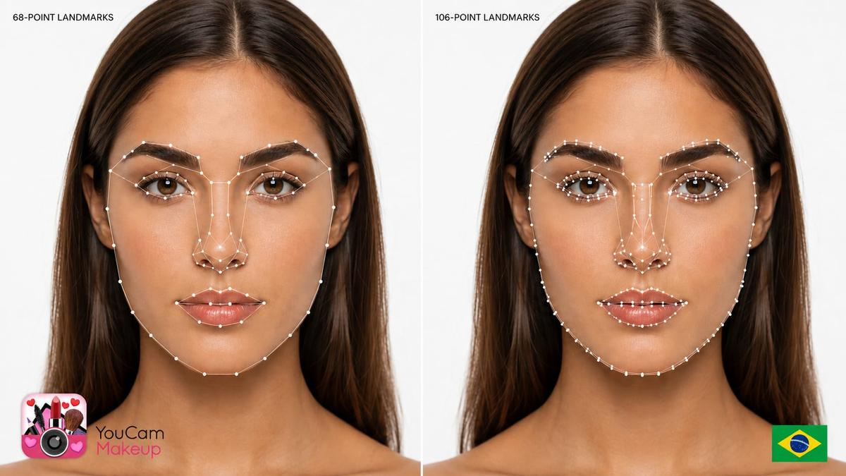 Rosto de uma mulher mostrando mapeamento de 68 e 106 pontos mostrando Alternativas do YouCam Makeup.