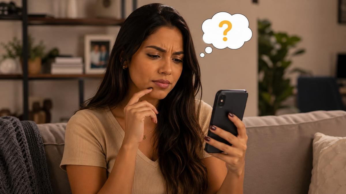 Mulher expressa dúvida no sofá olhando o celular, com balão de interrogação. Contexto de busca por app de visagismo gratuito.