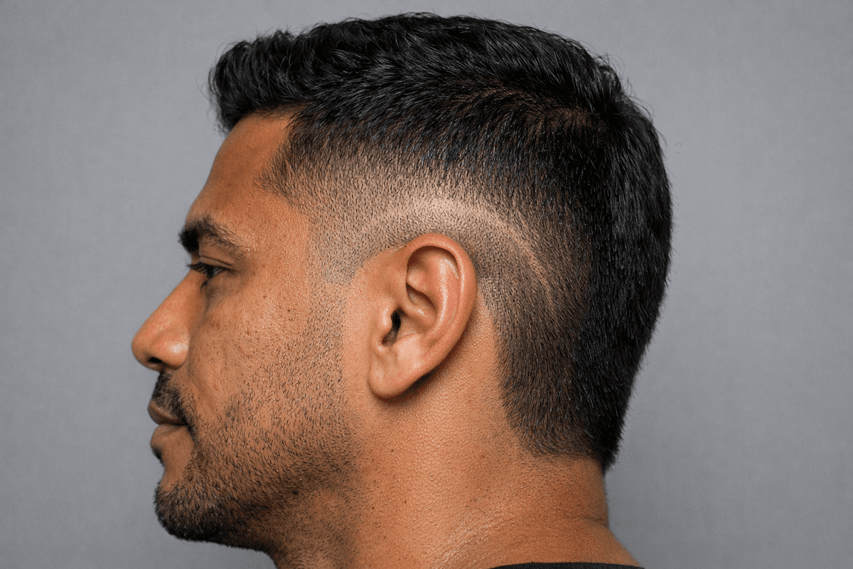 Burst fade com arco ao redor da orelha e nuca preservada