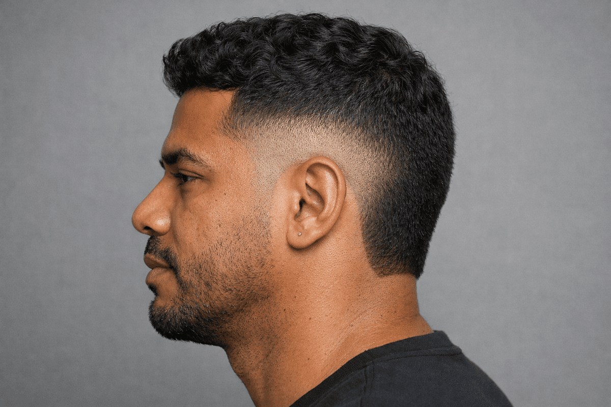 Burst fade com ondas e cabelo preservado atrás do arco