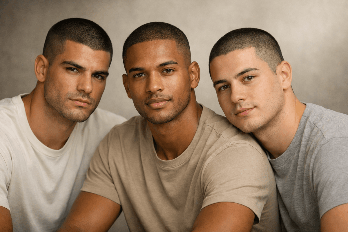 Três homens com buzz cut em diferentes formatos de rosto: oval, quadrado e redondo