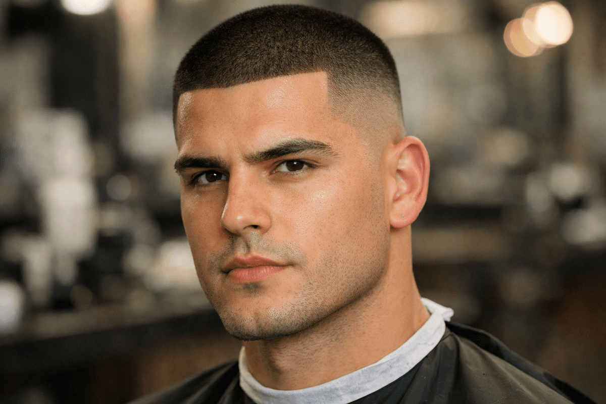 Buzz cut com low fade nas laterais em homem com rosto quadrado e mandíbula definida