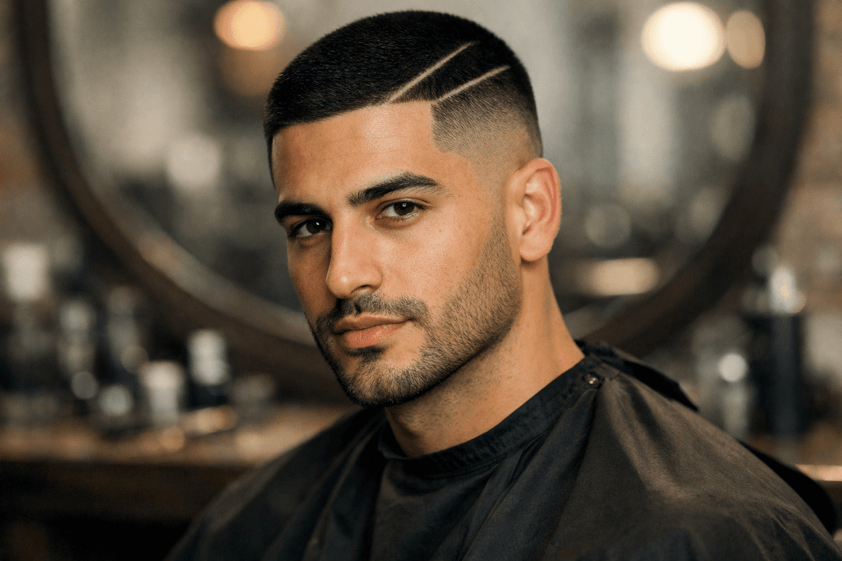 Buzz cut com risco lateral em homem com rosto oval e linha do cabelo definida