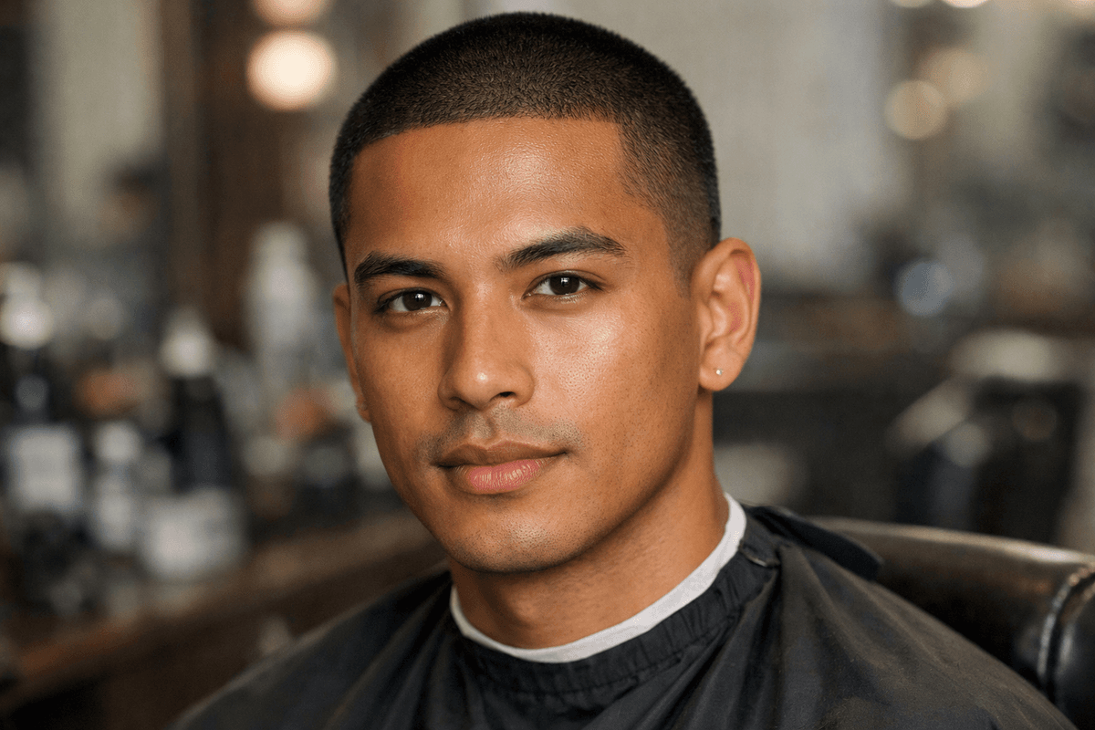 Buzz cut em cabelo liso mostrando textura reta e nivelamento rente ao crânio