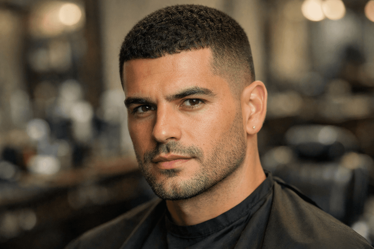 Buzz cut em cabelo ondulado mostrando textura suave e padrão irregular