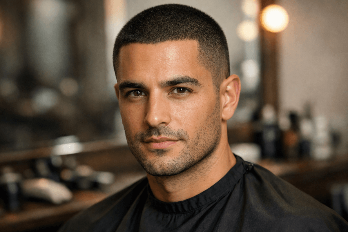 Resultado final de buzz cut bem executado em homem com proporções faciais harmoniosas