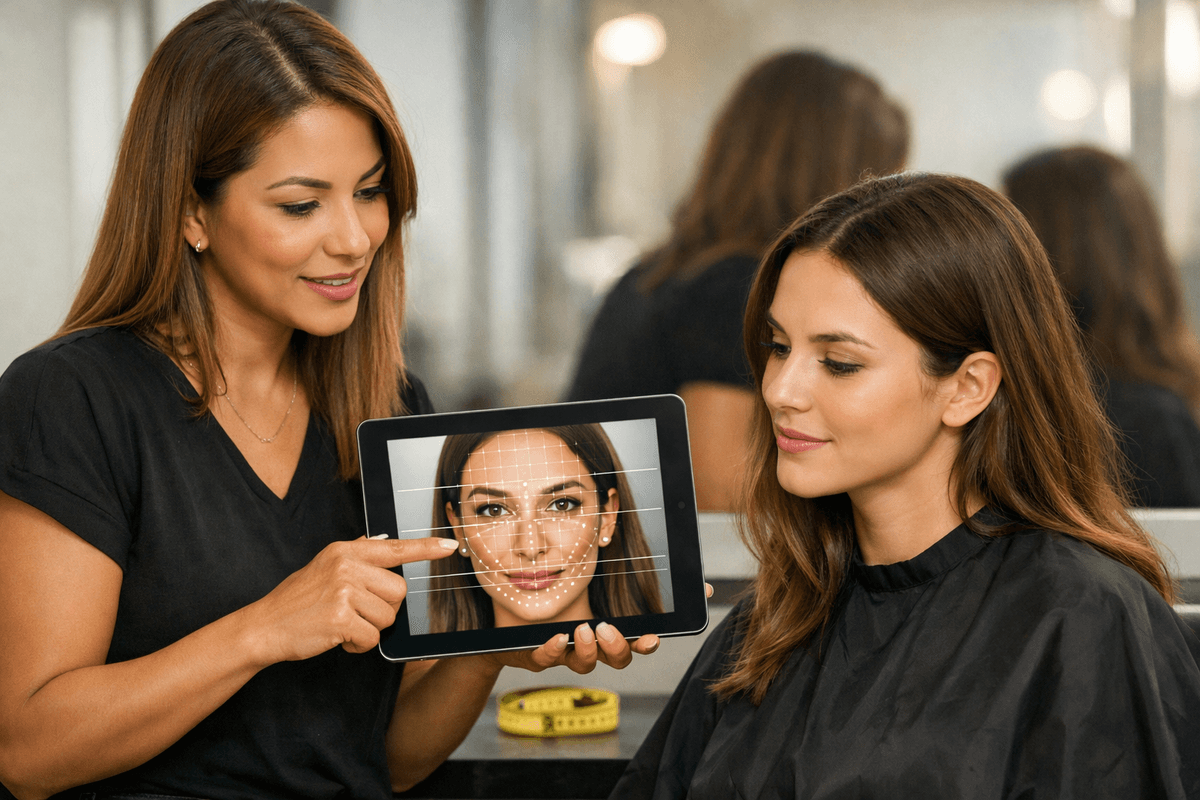 Cabeleireira usando tablet com análise facial por inteligência artificial no salão