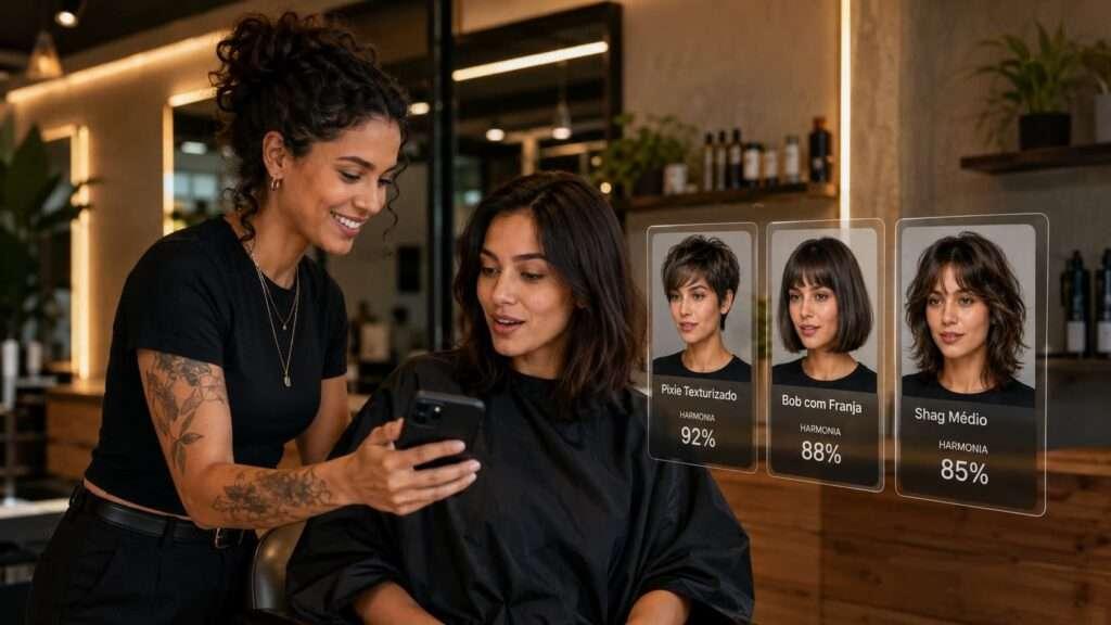 Cabeleireira utiliza o app pandami para mostrar simulação de corte de cabelo ideal no celular para cliente no salão.