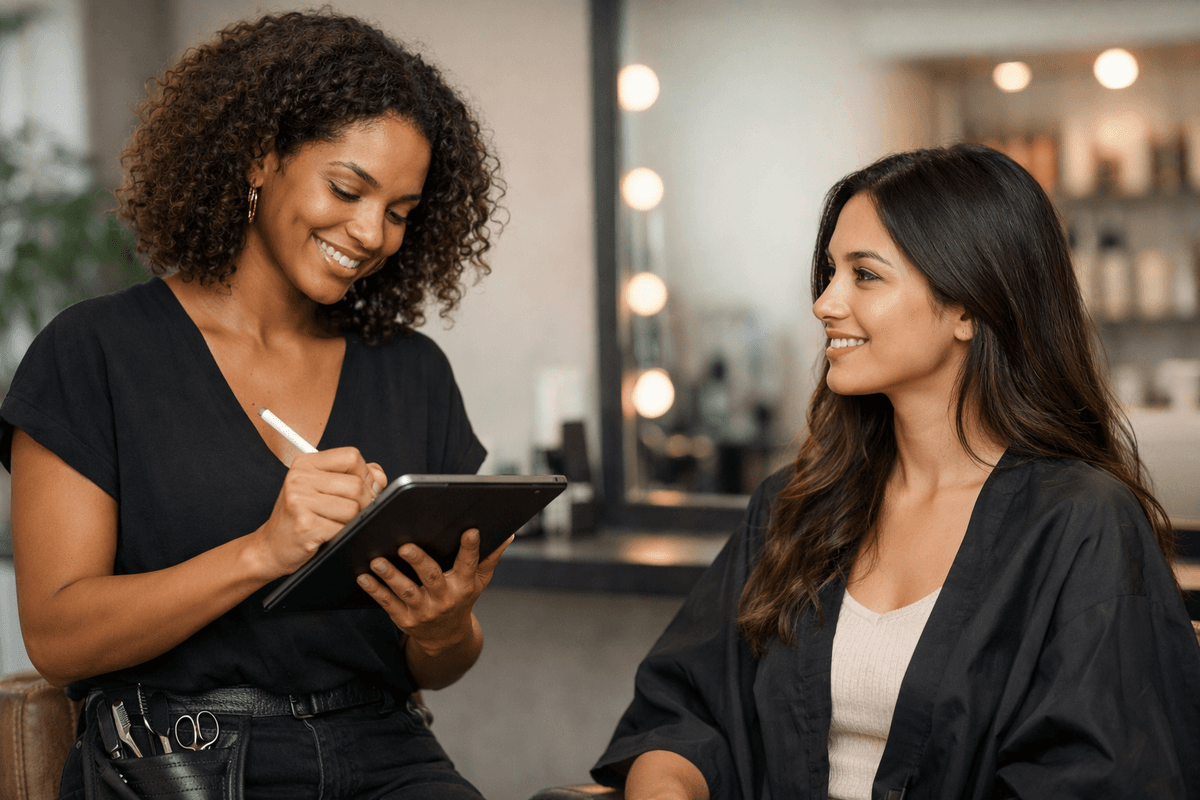Cabeleireira anotando preferências de cliente em tablet durante atendimento personalizado