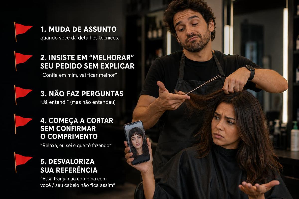 Mulher preocupada mostra o celular enquanto profissional corta seu cabelo. Texto lateral lista 5 red flags no salão.