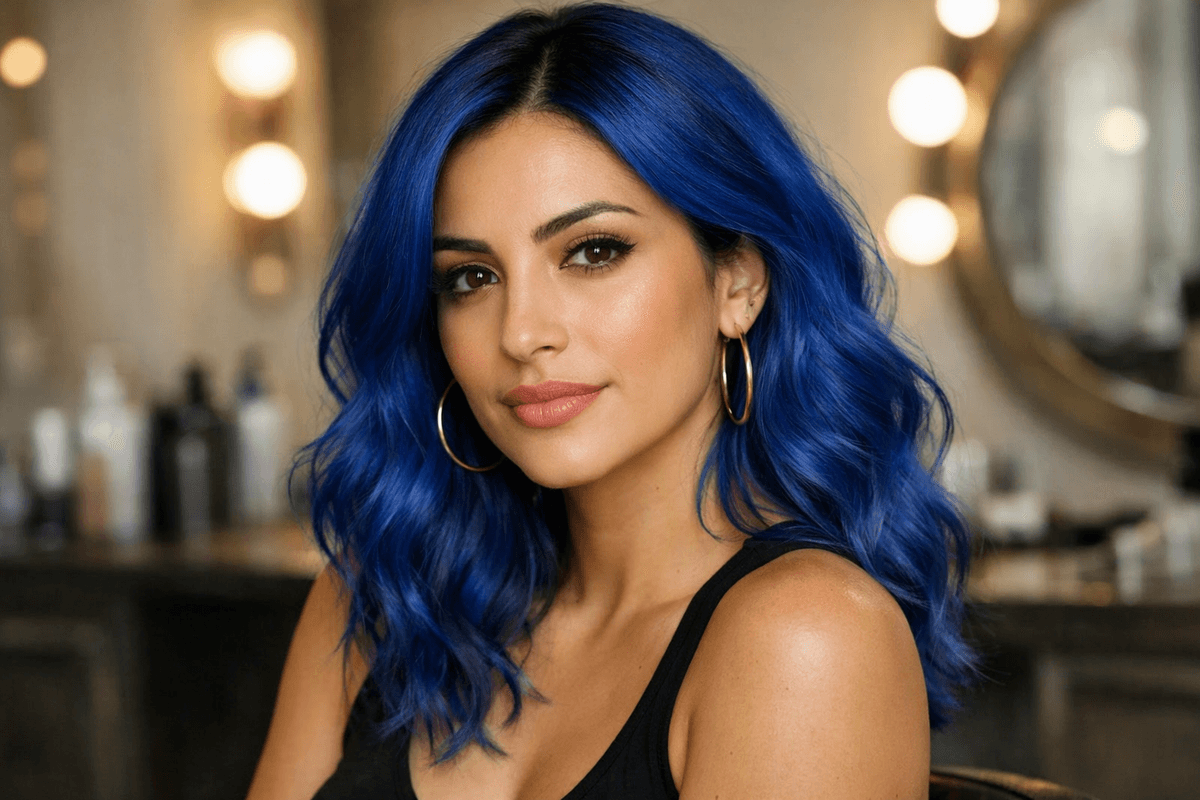 Mulher com cabelo azul vibrante e subtom de pele frio mostrando harmonia cromática