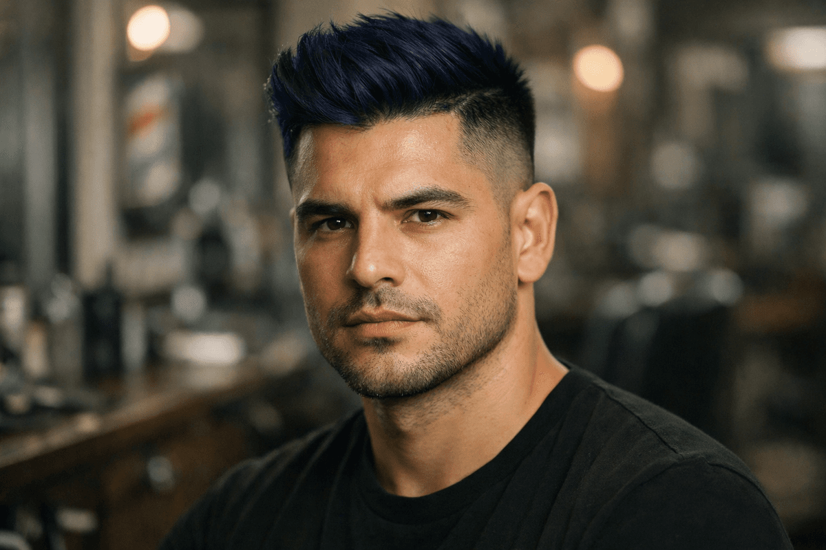 Homem com cabelo azul índigo profundo e subtom de pele frio em corte curto desconectado