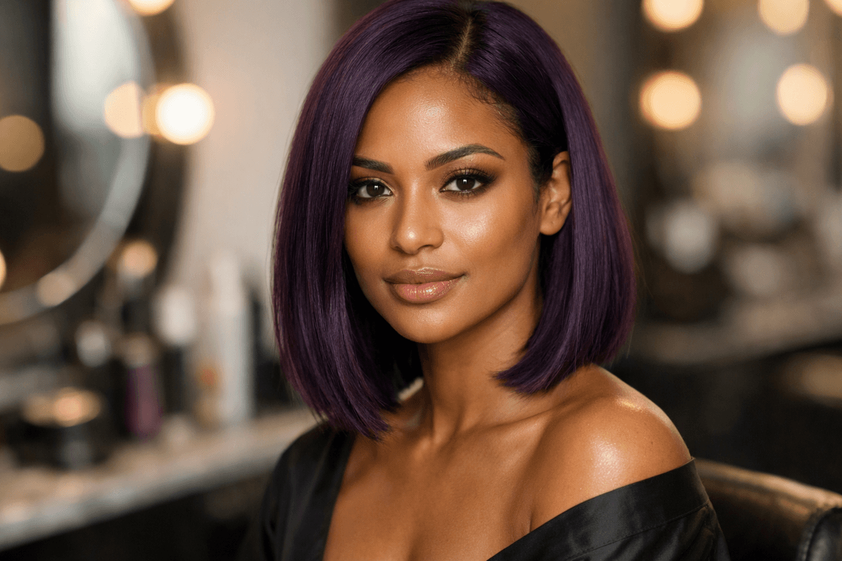 Mulher com cabelo roxo intenso em corte long bob e subtom de pele neutro