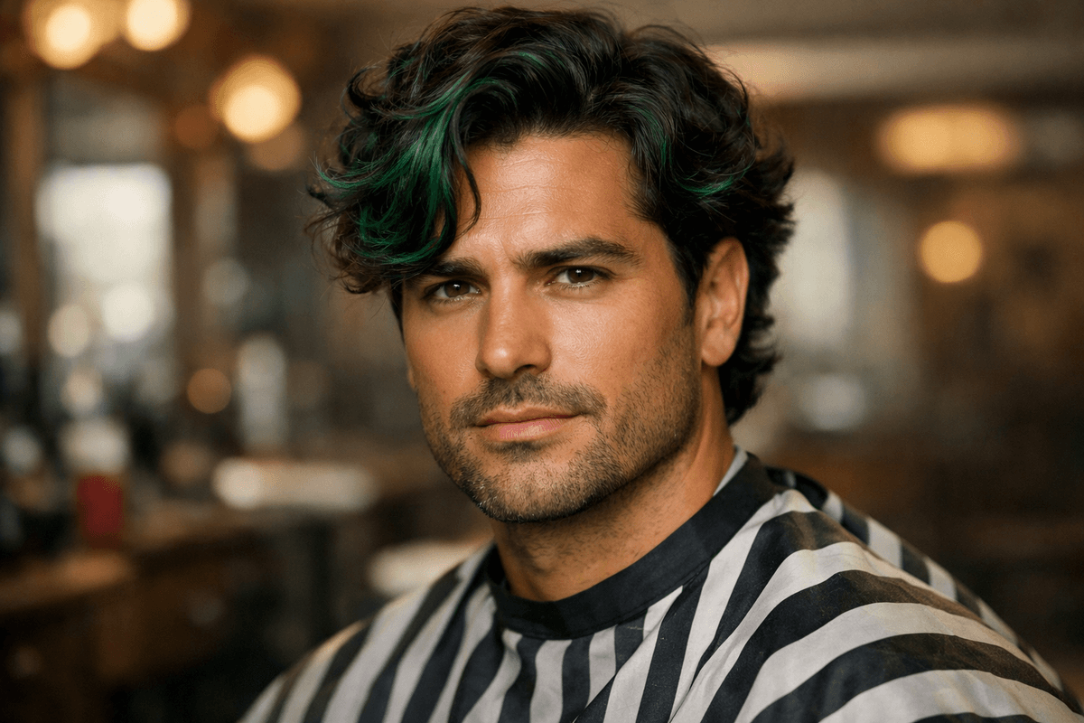 Homem com mechas verde-esmeralda em cabelo castanho e subtom de pele quente
