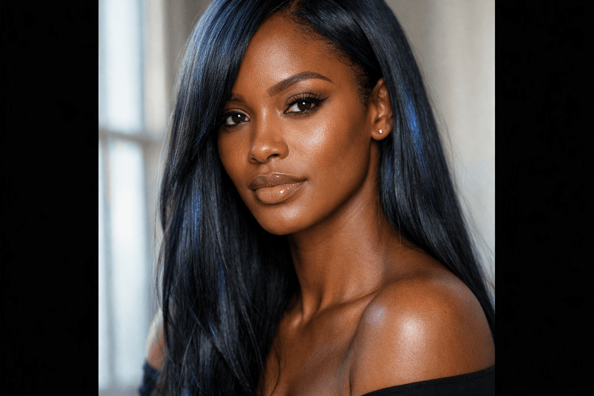 Mulher com cabelo preto azulado longo liso e subtom de pele frio sob luz natural