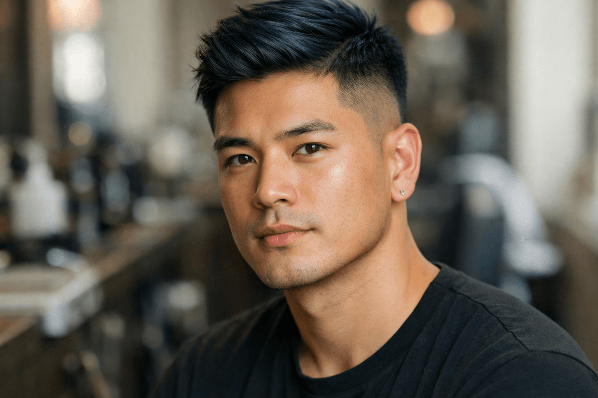 Homem com cabelo preto azulado em corte undercut e subtom de pele neutro