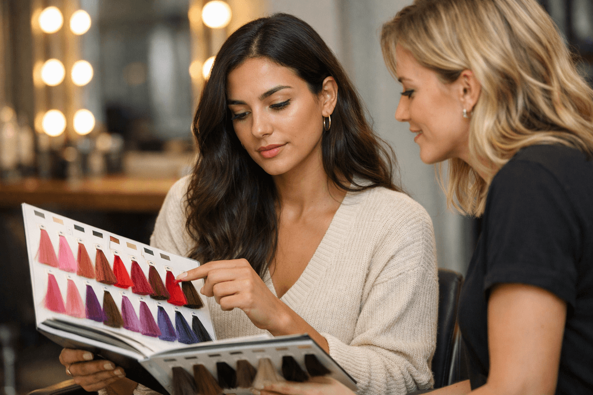 Mulher analisando amostras de cores fantasia em salão de beleza com cabeleireira