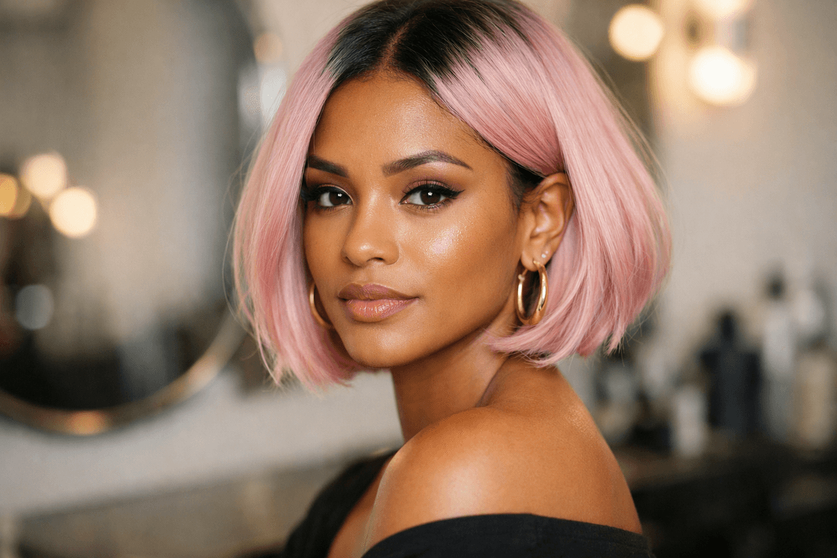 Mulher com cabelo rosa pastel global em corte bob com raiz natural aparecendo