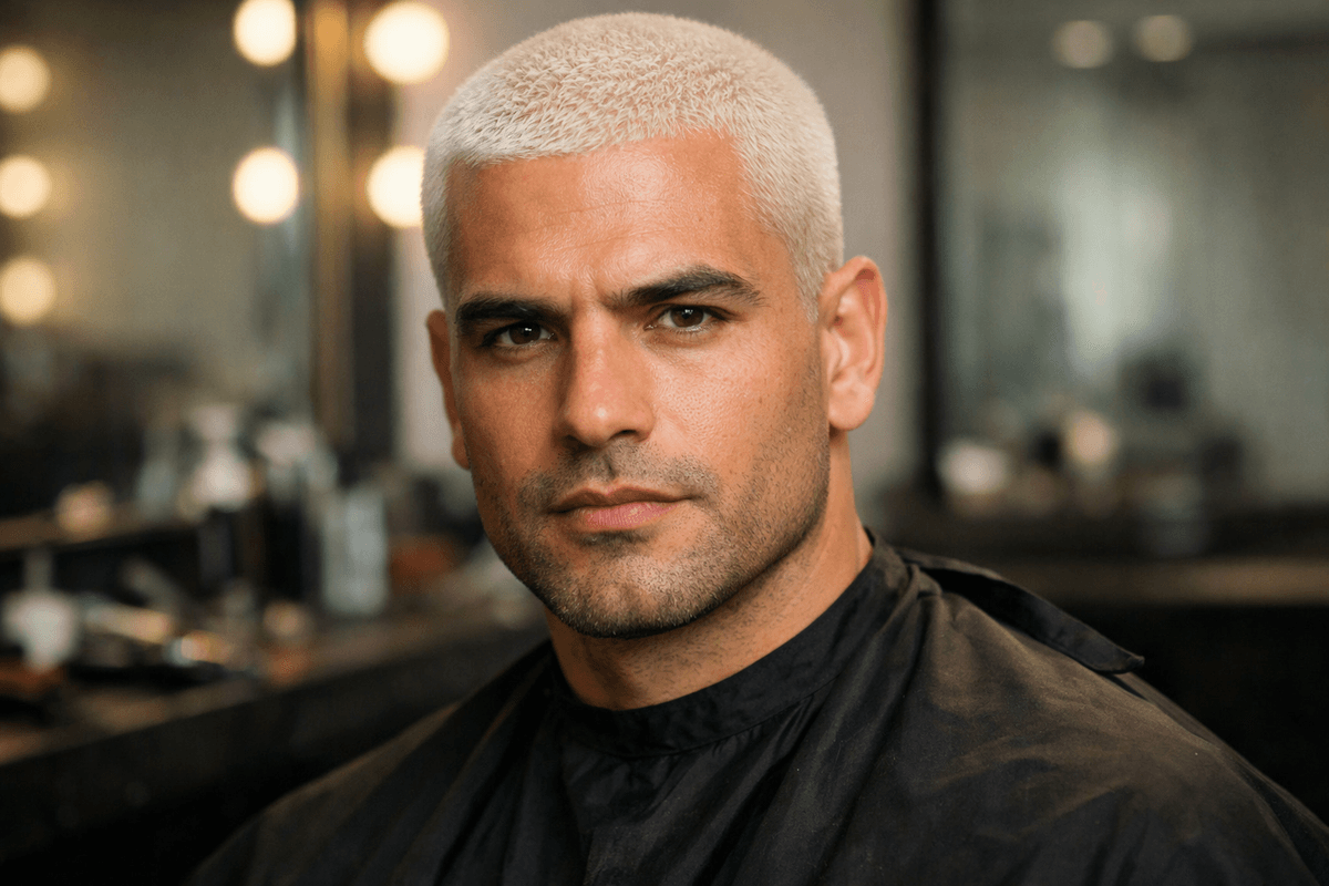 Homem com cabelo nevou em corte buzz cut, mostrando descoloração global quase branca em salão de beleza