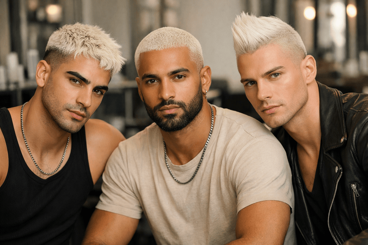 Três homens com cabelo nevou demonstrando diferentes subtons de pele e níveis de contraste facial