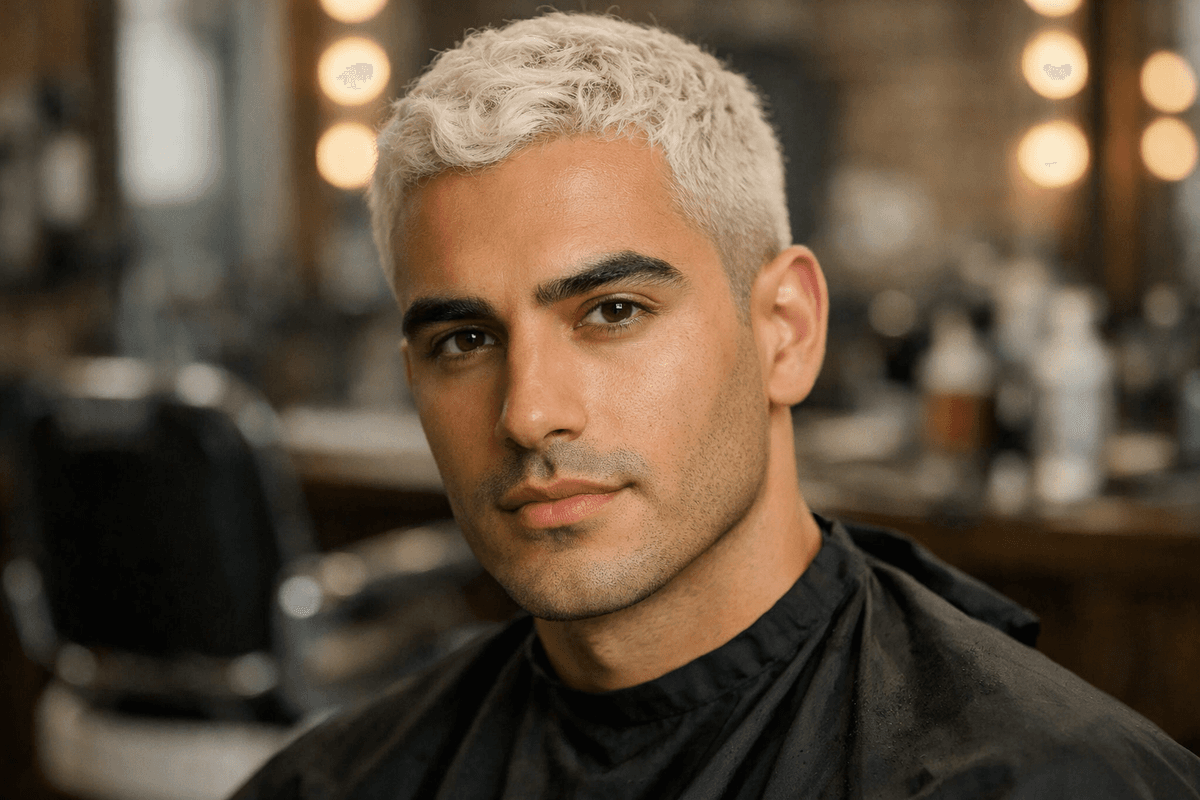 Homem com cabelo nevou e sobrancelhas escuras mostrando contraste estrutural do rosto
