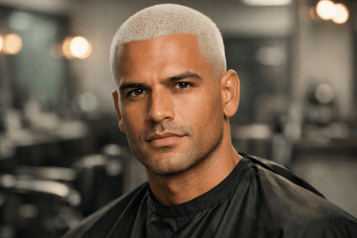 Buzz cut com cabelo nevou em homem de pele morena mostrando corte rente e descoloração uniforme