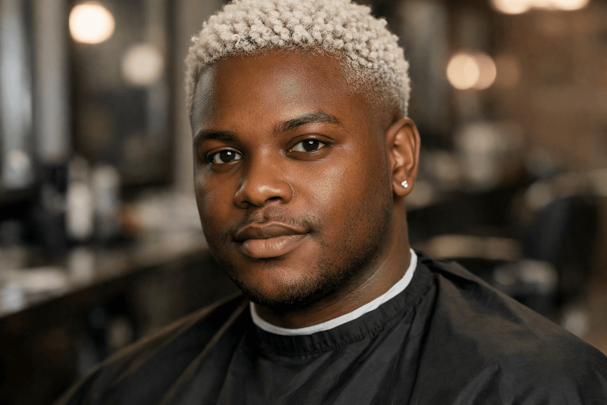 Cabelo crespo curto nevou em homem com textura em cachos descoloridos quase brancos