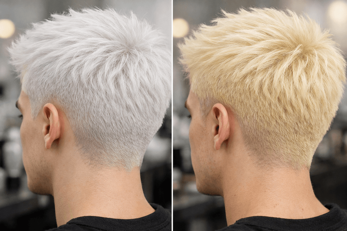Cabelo nevou com leve amarelamento comparado ao tom branco recém-matizado