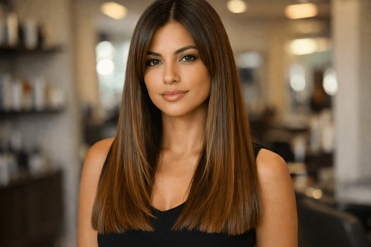 Cabelo longo reto sem camadas em mulher brasileira com rosto oval