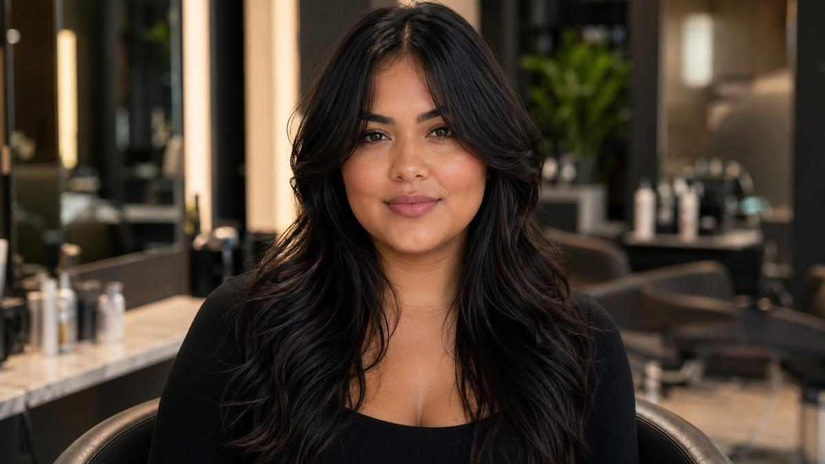 Mulher com corte em camadas com franja longa em cabelo escuro liso, ideal para emoldurar e valorizar rosto redondo.