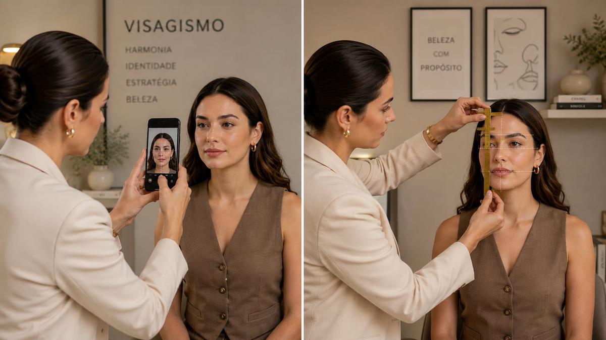 Mulher faz medição facial de outra mulher em consultoria de visagismo. Texto ao fundo: Visagismo, harmonia, identidade.
