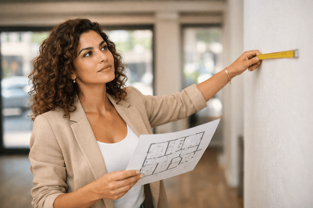 Profissional de beleza analisando localização e fluxo de clientes em ponto comercial