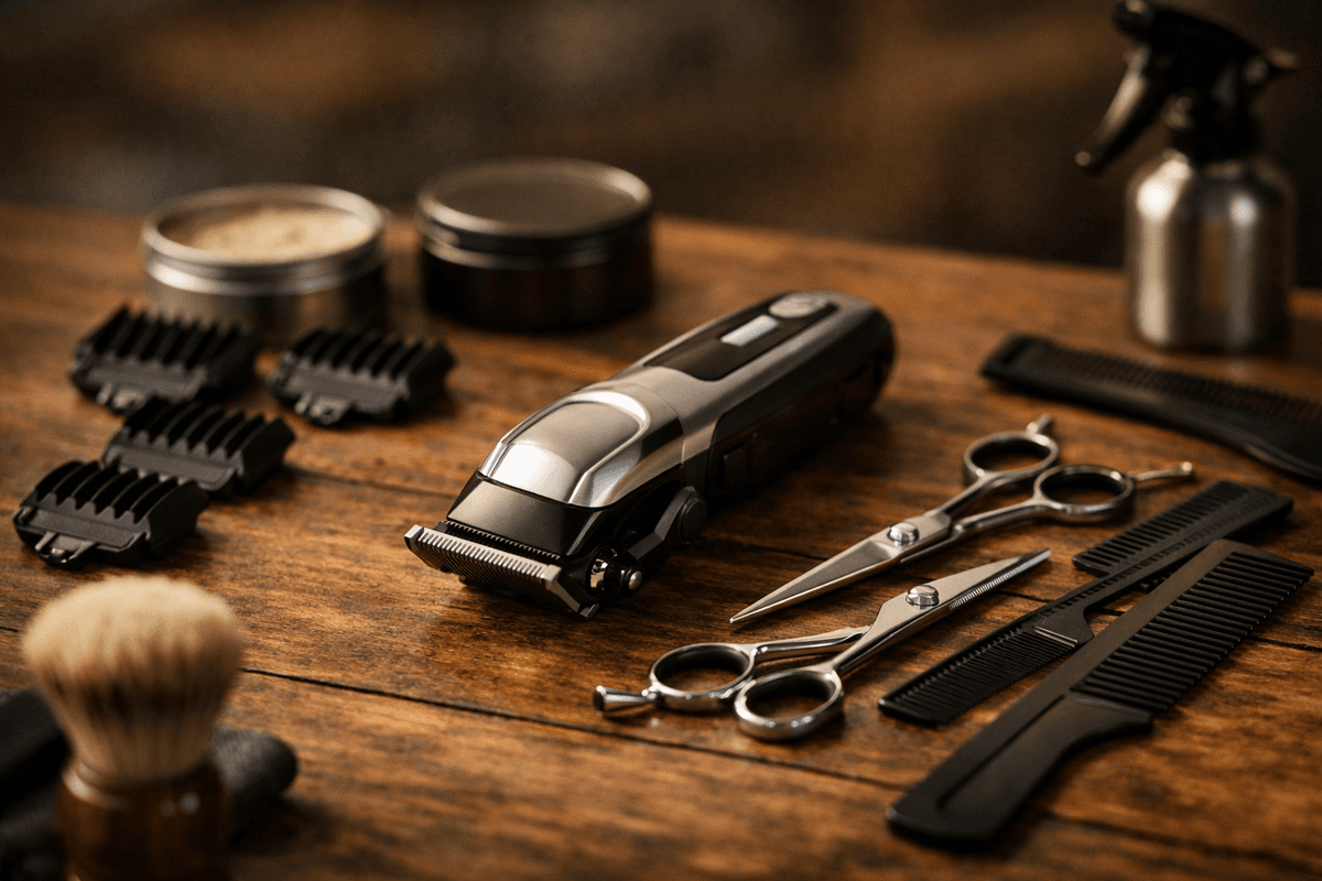 Equipamentos profissionais de barbearia: máquinas, tesouras e produtos organizados