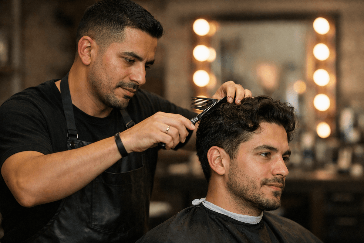 Barbeiro atendendo cliente em barbearia com espelho iluminado ao fundo