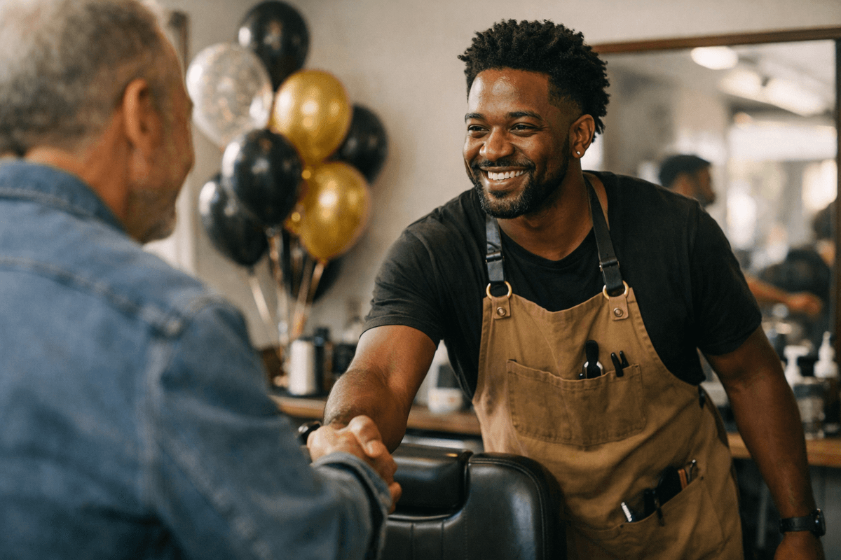Primeiro cliente sendo atendido em inauguração de barbearia decorada com balões