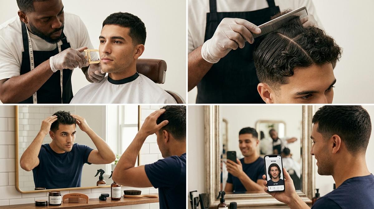 Quadro onde representa os passos de como escolher o corte masculino, do formato de rosto até visualizar o resultado antes de cortar